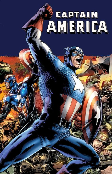 Text: "CAPTAIN AMERICA". Eine dynamische Illustration mit Captain America, der mit erhobenem Arm und Schild kämpft.