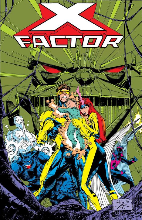 "X-Factor" Logo. Fünf farbenfrohe Helden in dynamischen Posen vor einem riesigen Maschinenkopf. Comic-Illustration.