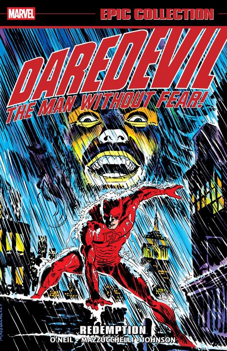 „Daredevil: The Man Without Fear! Redemption.“ Illustration eines Superhelden im Regen mit grimmigem Gesicht im Hintergrund.