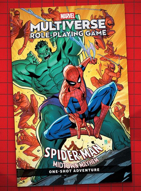 "Marvel Multiverse Role-Playing Game. Spider-Man. Midtown Mayhem. One-shot Adventure." Illustration mit Superhelden.