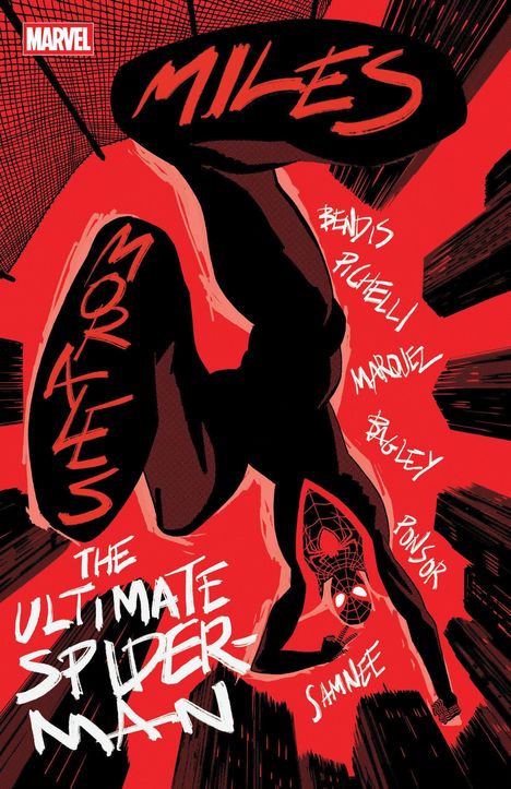 Text: "MILES MORALES THE ULTIMATE SPIDER-MAN Bendis Pichelli Marquez Bagley Ponsor Samnee." Illustration: Spider-Man springt.