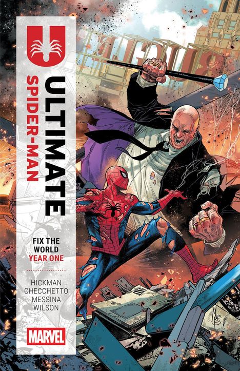"ULTIMATE SPIDER-MAN," "FIX THE WORLD YEAR ONE." Illustration von Spider-Man im Kampf mit einem großen, kräftigen Mann.
