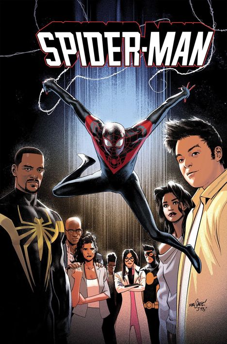 "SPIDER-MAN" in großen Buchstaben. Spider-Man schwingt in der Mitte. Umgeben von mehreren Menschen in dynamischer Pose.