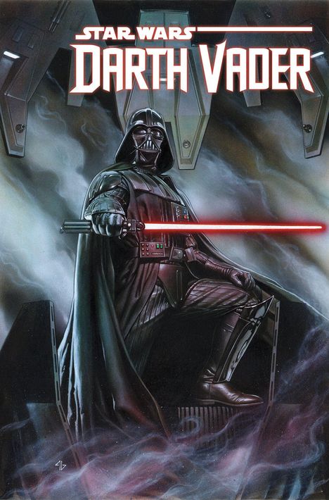 "Star Wars: Darth Vader" steht oben. Illustration von Darth Vader mit rotem Lichtschwert in nebliger Umgebung.