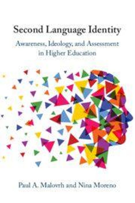"Second Language Identity: Awareness, Ideology, and Assessment in Higher Education" von Paul A. Malovrh und Nina Moreno. Bunte Dreiecke formen ein Profil.