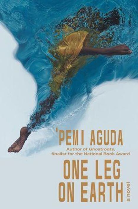 „'PEMI AGUDA, ONE LEG ON EARTH“; Person schwimmt, teils in blauer Flüssigkeit, Titel und Autor prominent.