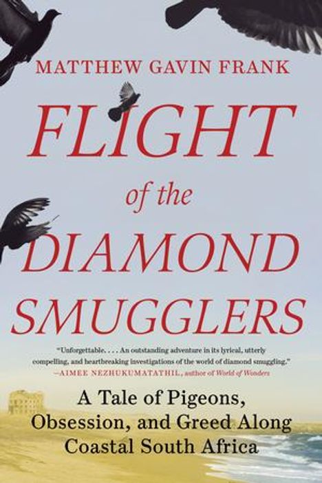 "Flight of the Diamond Smugglers" von Matthew Gavin Frank; Pinguine am Himmel, Küstenlandschaft im Hintergrund.