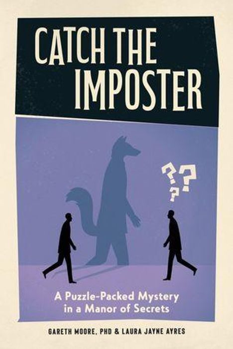Text: "CATCH THE IMPOSTER", "A Puzzle-Packed Mystery in a Manor of Secrets". Illustration: Zwei Personen, Schatten eines Wolfs.
