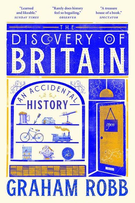 Buchtitel: The Discovery of Britain: An Accidental History von Graham Robb. Illustration mit Laden und verschiedenen Objekten.