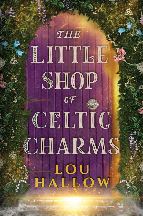 Ein lila Türbogen mit dem Text "THE LITTLE SHOP OF CELTIC CHARMS" von Lou Hallow, umgeben von reichen, blühenden Pflanzen.