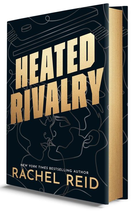 HEATED RIVALRY in großen goldenen Buchstaben, darunter "NEW YORK TIMES BESTSELLING AUTHOR RACHEL REID." Linienzeichnung zweier Gesichter.