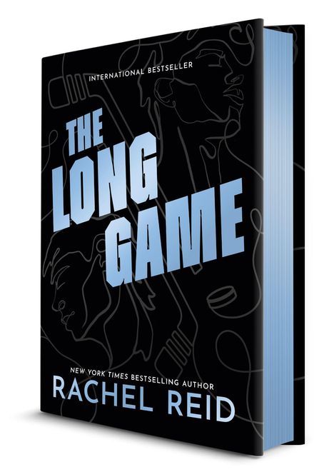 Text: "THE LONG GAME", "INTERNATIONAL BESTSELLER", "NEW YORK TIMES BESTSELLING AUTHOR", "RACHEL REID". Schwarzes Cover, blaue Schrift.