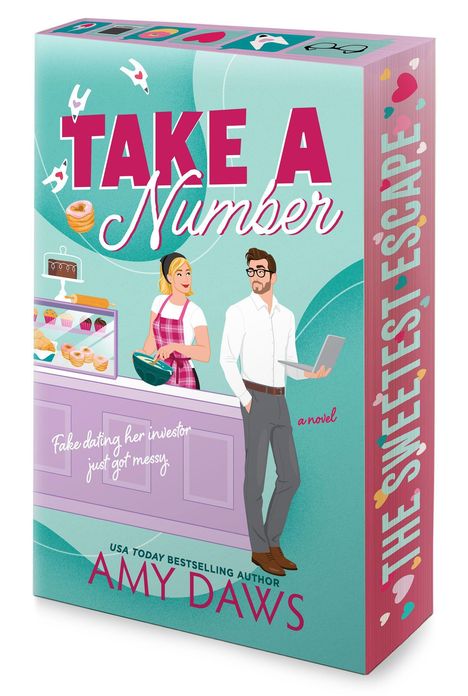 "Take a Number" von Amy Daws: Ein Mann mit Laptop, eine Frau backt. Bäckerei im Hintergrund.