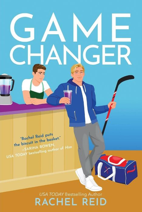 „GAME CHANGER“ von Rachel Reid: Zwei Männer, einer mit Eishockeyschläger, an einer Bar, lächeln miteinander.