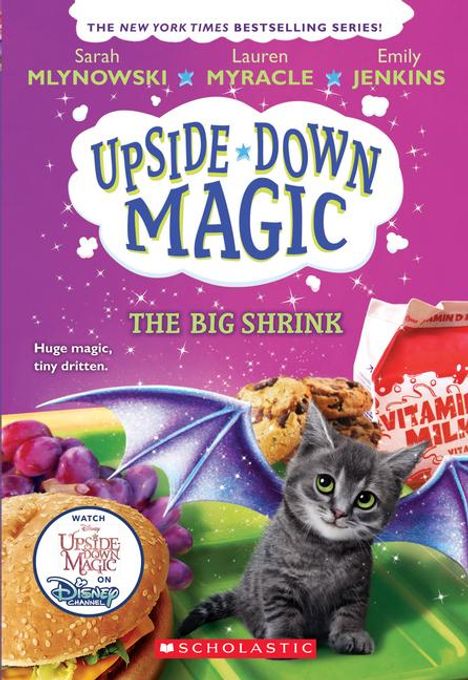 "Upside Down Magic: The Big Shrink", "Huge magic, tiny driten." Katze vor großen Gegenständen umgeben von magischen Elementen.