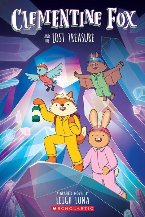"Clementine Fox and The Lost Treasure". Vier animierte Tiere in Abenteurerausrüstung umgeben von Kristallen.