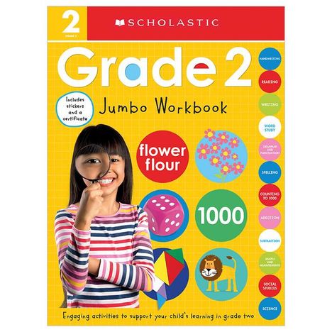 "Grade 2 Jumbo Workbook" mit bunten Lernelementen und einem fröhlichen Mädchen mit Lupe, auf gelbem Hintergrund.