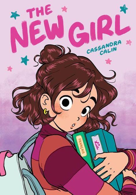 „The New Girl“ und „Cassandra Calin“ in auffälligen Farben. Eine Zeichnung zeigt ein Mädchen mit Büchern im Arm.