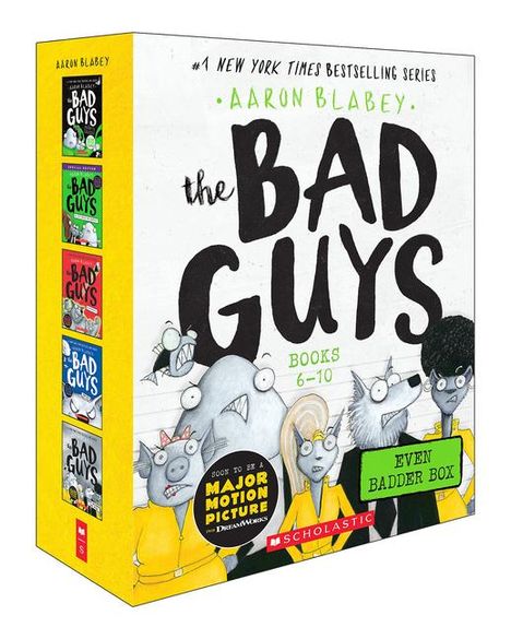 „The Bad Guys“ Bücher 6–10. Gelbe Box mit gezeichneten Tieren in Anzügen. „Even Badder Box“.