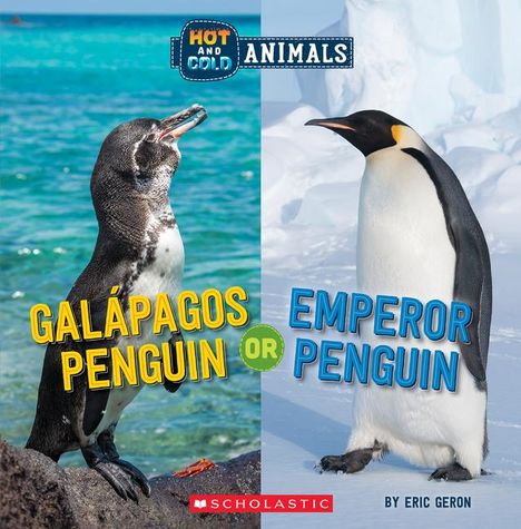 "Galápagos Penguin or Emperor Penguin" in gelb und blau. Zwei Pinguine, links ein Galápagos-Pinguin am Ozean, rechts ein Kaiserpinguin im Eis.