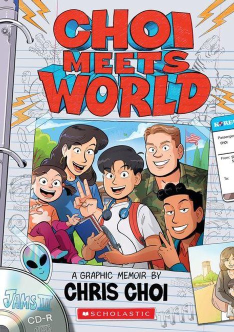 Text: "CHOI MEETS WORLD", "A GRAPHIC MEMOIR BY CHRIS CHOI". Comic-Illustration von fünf fröhlichen Personen.