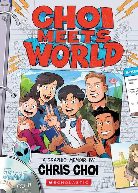 „CHOI MEETS WORLD“ und „A GRAPHIC MEMOIR BY CHRIS CHOI“. Fünf fröhliche Menschen lächeln, unten eine CD und ein Notizbuch.