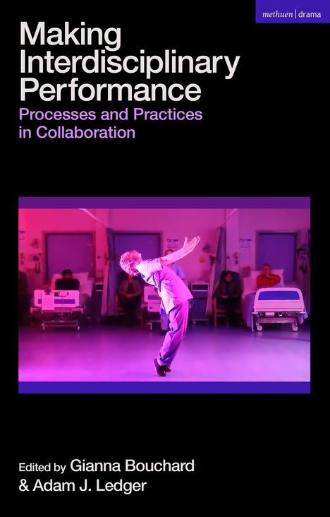 Titel: "Making Interdisciplinary Performance". Szene: Tanzende Person in einem pink beleuchteten Raum mit Krankenhausbetten.
