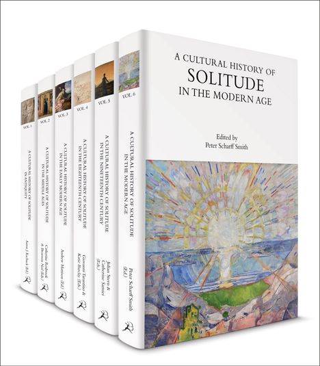 Sechs Buchbände mit Titeln wie "A Cultural History of Solitude" und farbigen Illustrationen auf den Covern.