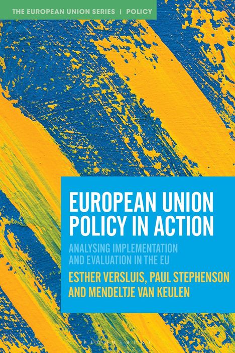 Text in großen Buchstaben: "European Union Policy in Action". Bunte Pinselstriche in Blau und Gelb.