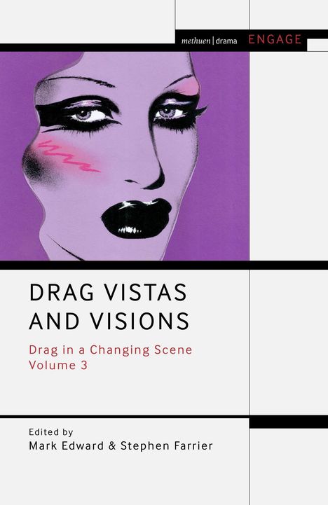 "Drag Vistas and Visions," Volume 3, von Mark Edward & Stephen Farrier; Illustration eines stilisierten Gesichts auf lila Hintergrund.