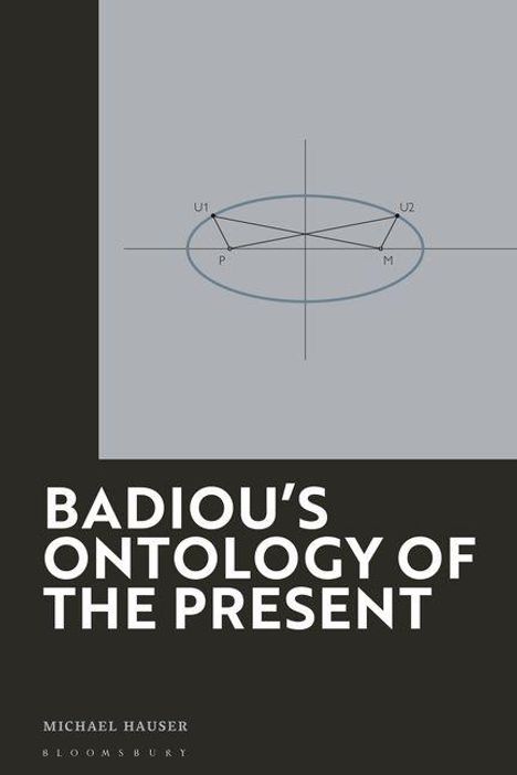 Text: "Badiou's Ontology of the Present". Illustration mit geometrischer Figur und Achsen. Unten steht "Michael Hauser Bloomsbury".