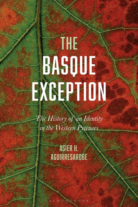 "The Basque Exception" und Name des Autors auf herbstfarbenem Blattdetail in Rot-Grün.