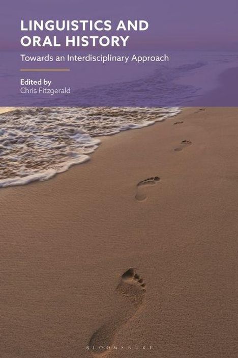 Oben steht "LINGUISTICS AND ORAL HISTORY". Darunter eine Reihe von Fußspuren am Strand, die ins Meer führen.