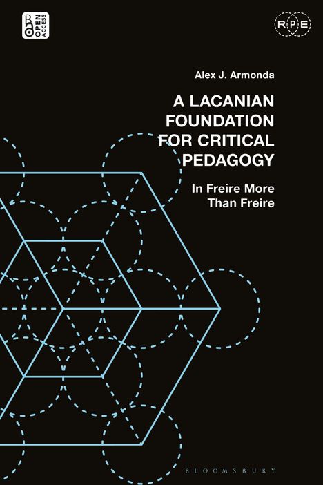 Der Text sagt: „A Lacanian Foundation for Critical Pedagogy“. Geometrische blaue Linien und Kreise auf schwarzem Hintergrund.