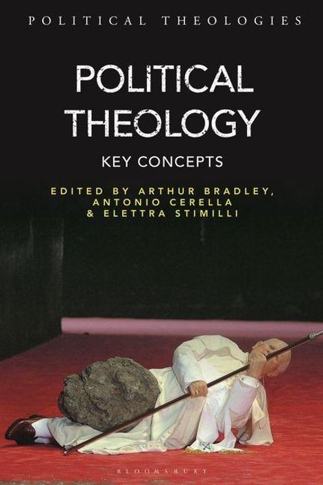 Titel: "Political Theology: Key Concepts". Ein Mann liegt auf rotem Boden, hält einen schweren Felsbrocken mit einem Stab.