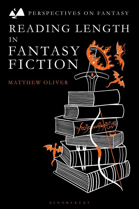 Ein Bücherstapel mit Pfeilen, einem Bogen und Drachen umrissen. "Reading Length in Fantasy Fiction" von Matthew Oliver.