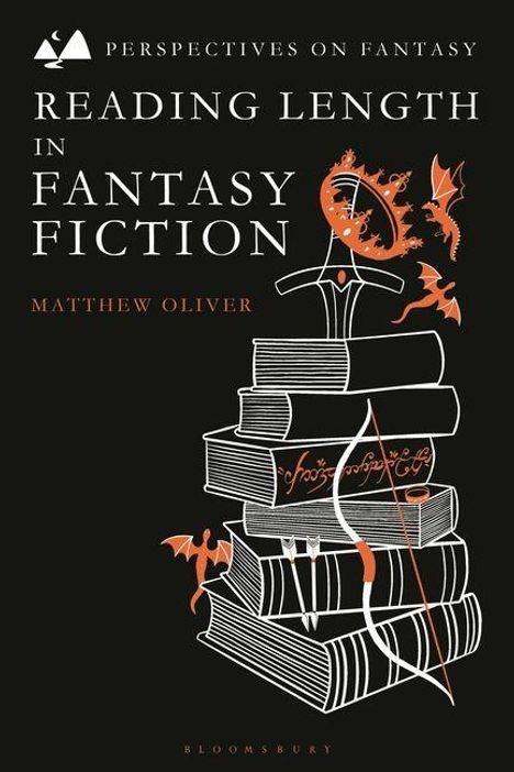 "Reading Length in Fantasy Fiction" von Matthew Oliver. Bücherstapel mit Drachen und Fantasieelementen.