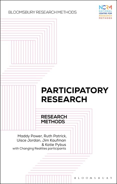 Buchcover mit Titel "Participatory Research" und Autorennamen. Oben rechts ein NCRM-Logo. Rosa geometrische Linien.