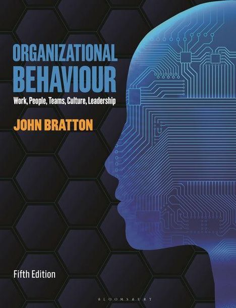 "Organizational Behaviour" Buchcover, digital gestalteter Kopf mit Schaltkreis-Muster.