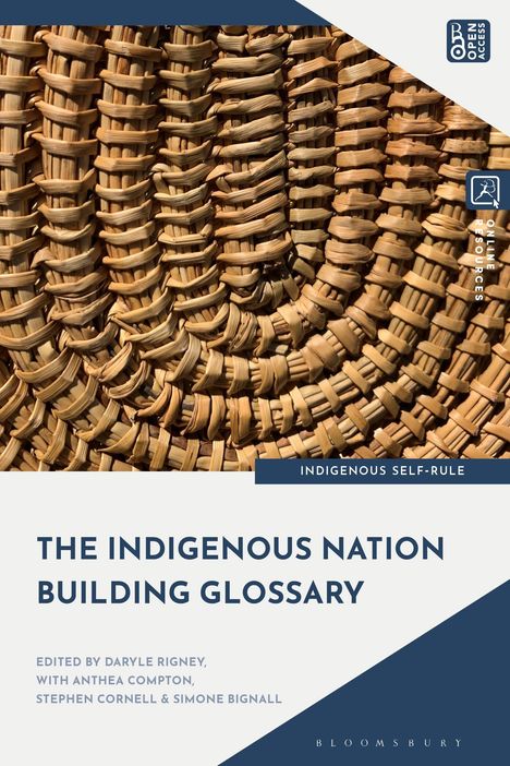 Titel: "The Indigenous Nation Building Glossary", bearbeitet von Daryle Rigney und anderen. Flechtstruktur im Hintergrund.
