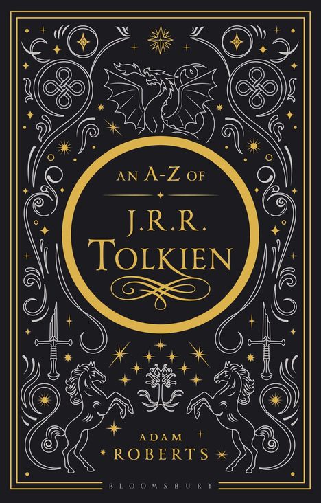 "An A-Z of J.R.R. Tolkien", ein dekoratives Cover mit Drachen, Sternen, Einhörnern und Schwertern.