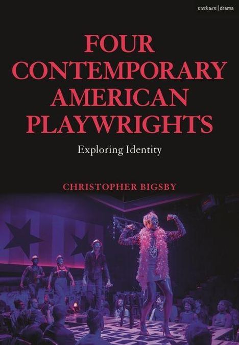 "FOUR CONTEMPORARY AMERICAN PLAYWRIGHTS Exploring Identity CHRISTOPHER BIGSBY." Bühne mit Künstler in farbiger Beleuchtung.