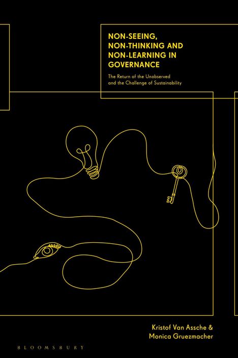Text: "Non-Seeing, Non-Thinking and Non-Learning in Governance." Gelbe Linienillustration: Glühbirne, Schlüssel, Auge.