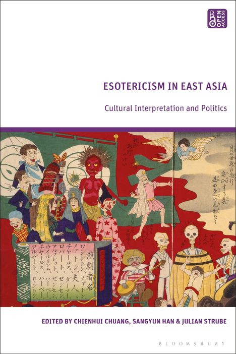 „ESOTERICISM IN EAST ASIA“ oben, bunte Illustration unten mit Figuren in historischen Kostümen und ein rotes Wesen.