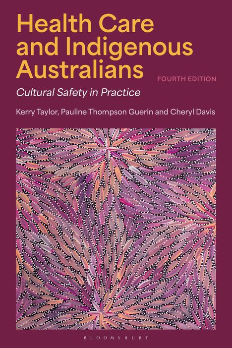 Titel: Health Care and Indigenous Australians. Künstlerisches Muster in Pink und Lila mit floralen Elementen.