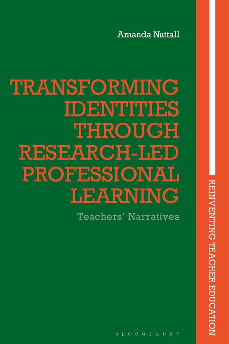 Grüner Hintergrund, orangefarbener Titel: "Transforming Identities Through Research-Led Professional Learning".