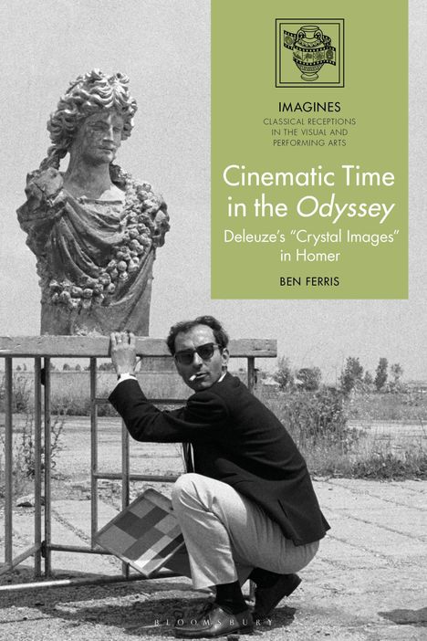 Text oben: "IMAGINES... Odyssey... BEN FERRIS." Mann hockt mit Zigarette vor einer Statue.