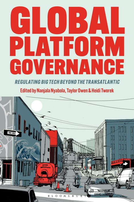 Titel: "Global Platform Governance". Illustration einer urbanen Straße mit Autos, einem Rollerfahrer und einem Brückenhintergrund.