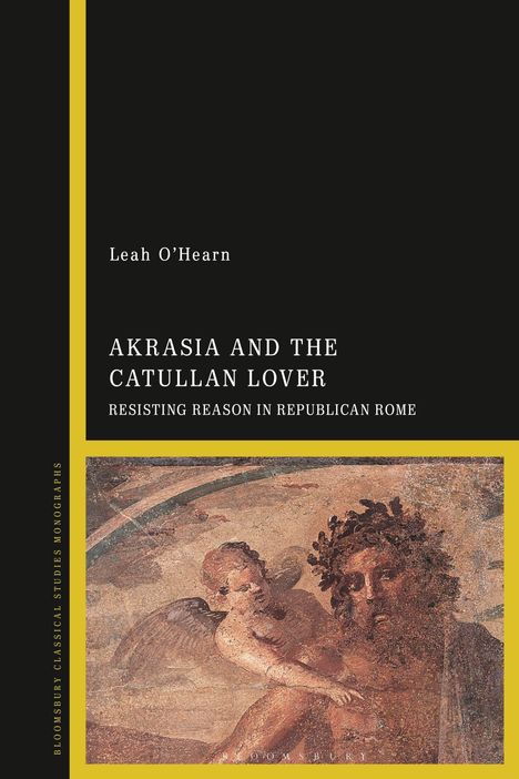 Leah O’Hearn, “AKRASIA AND THE CATULLAN LOVER”, Antike Malerei mit geflügelter Figur und bärtigem Mann auf schwarzem Hintergrund.