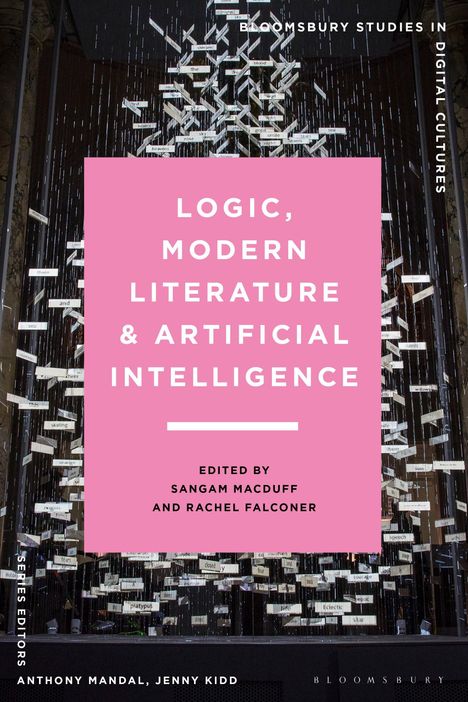 "Logic, Modern Literature & Artificial Intelligence", auf rosa Hintergrund, viele hängende Wörter.
